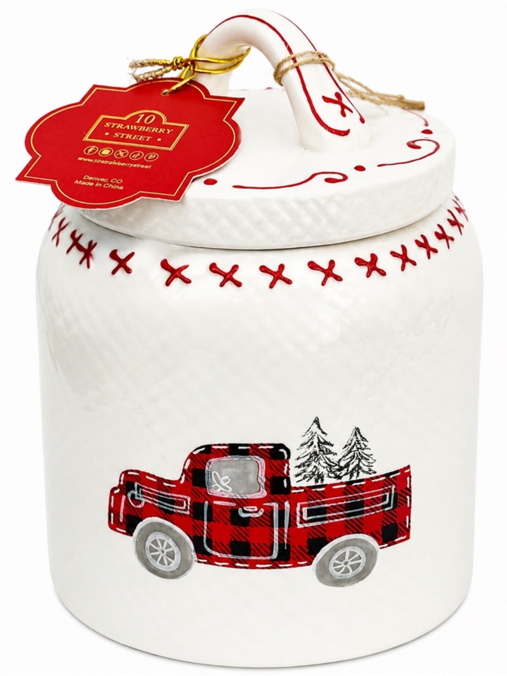 10 Strawberry Street Red Plaid Truck Christmas Canister Ceramic Cookie Jar Decor